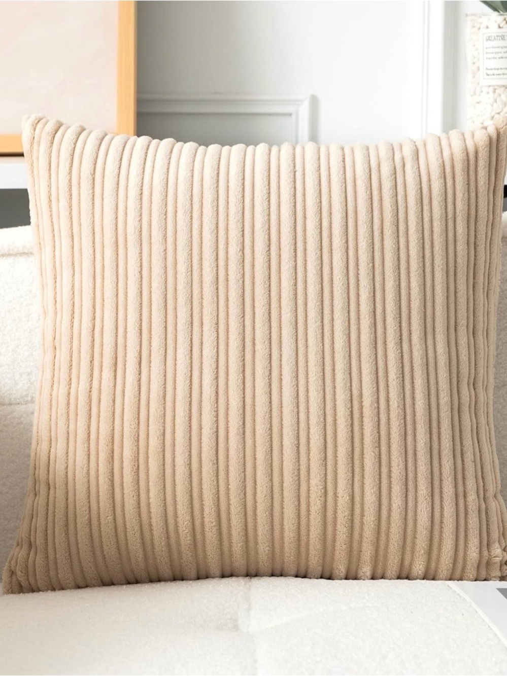 Plush Ribbed Square Throw Pillow Cover in Beige